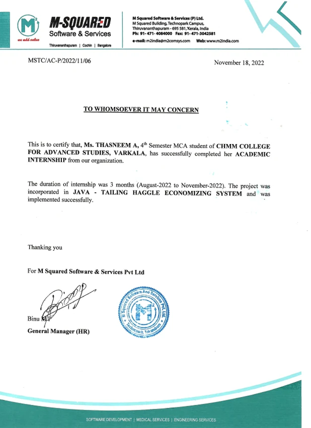 M Squared Software and Services experience letter
