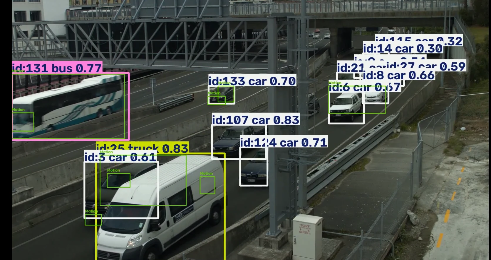 Video frame annotated with detected vehicles and tracking IDs